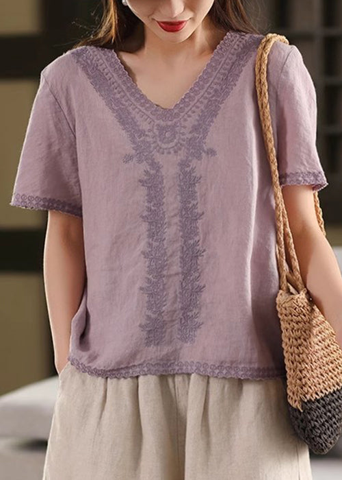 Purple Solid Loose Linen Summer T Shirts Embroidered