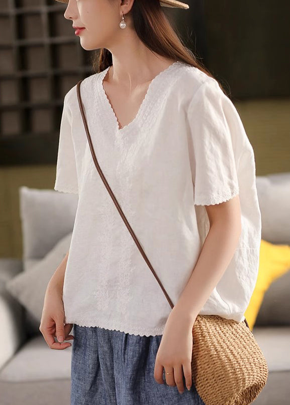 Purple Solid Loose Linen Summer T Shirts Embroidered