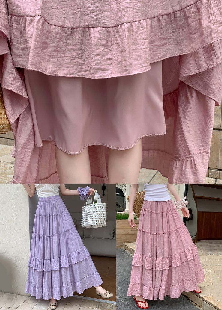 Purple Solid Patchwork Cotton Summer Maxi Skirts Ruffled