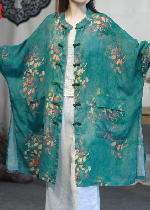 Purple Stand Collar Print Side Open Linen Coats Long Sleeve