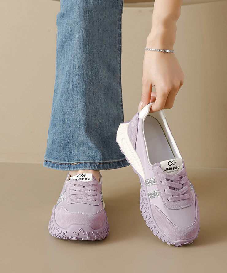 Purple Suede Lace Up Splicing Flat Shoes Women