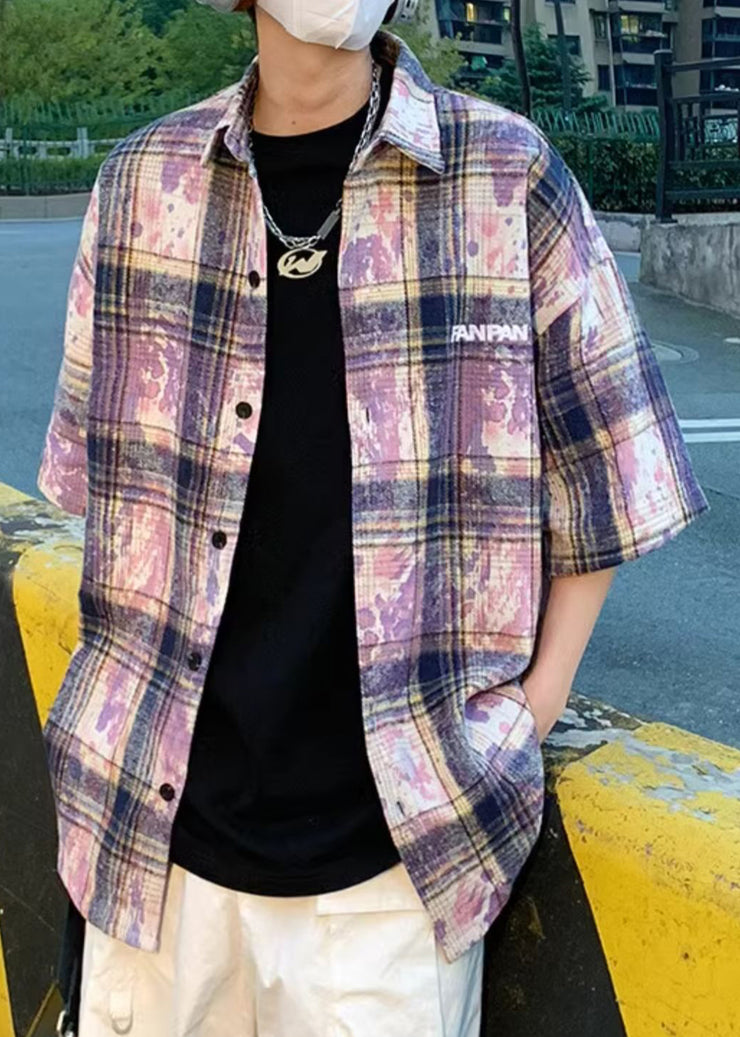 Purple Tie Dye Oversized Cotton Summer Men Shirts Peter Pan Collar
