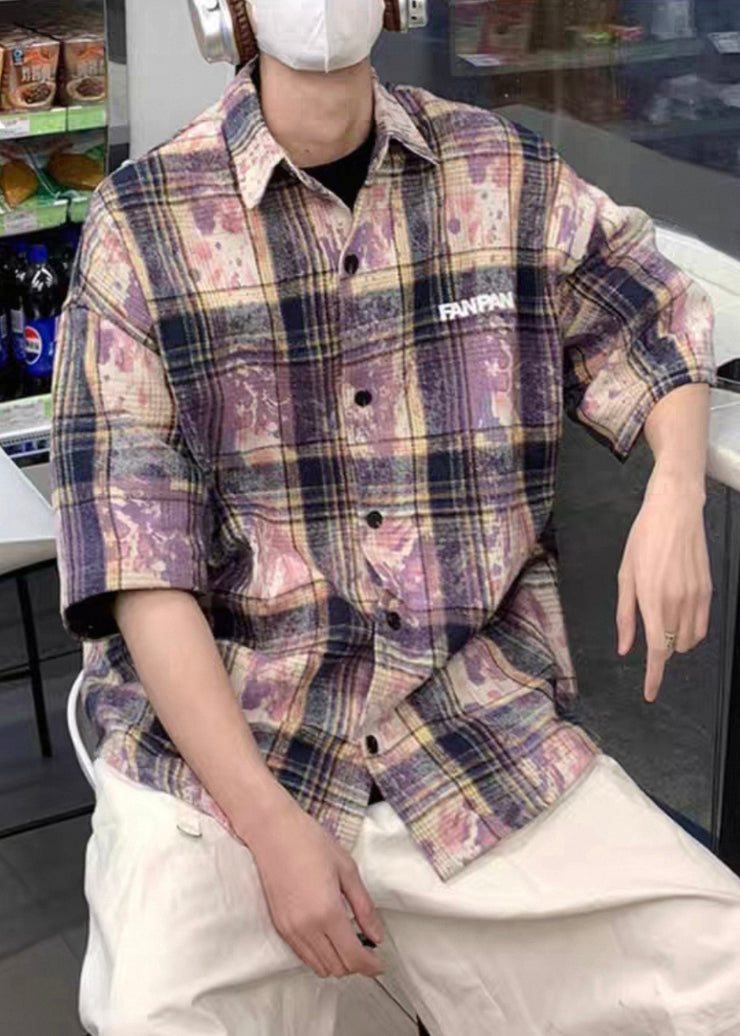 Purple Tie Dye Oversized Cotton Summer Men Shirts Peter Pan Collar