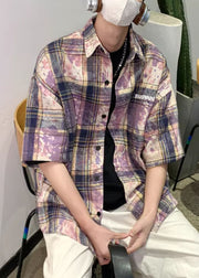 Purple Tie Dye Oversized Cotton Summer Men Shirts Peter Pan Collar