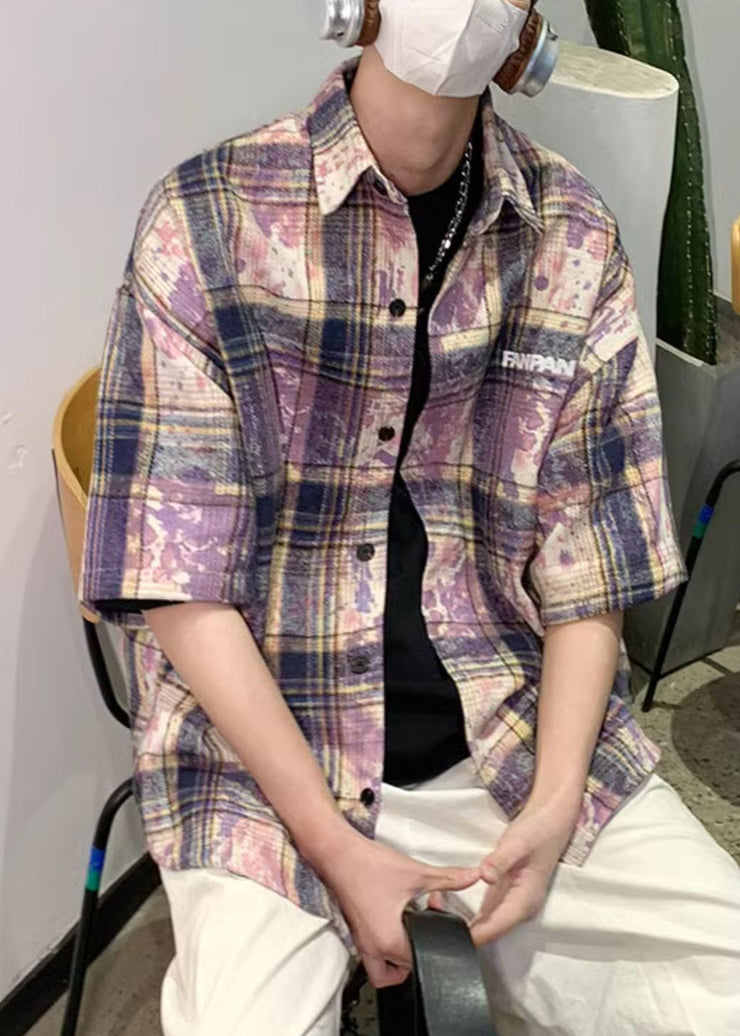 Purple Tie Dye Oversized Cotton Summer Men Shirts Peter Pan Collar