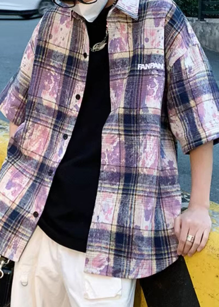 Purple Tie Dye Oversized Cotton Summer Men Shirts Peter Pan Collar