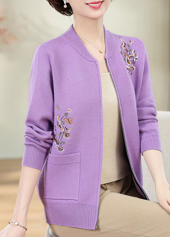Purple Zippered Patchwork Cotton Knit Cardigans Fall