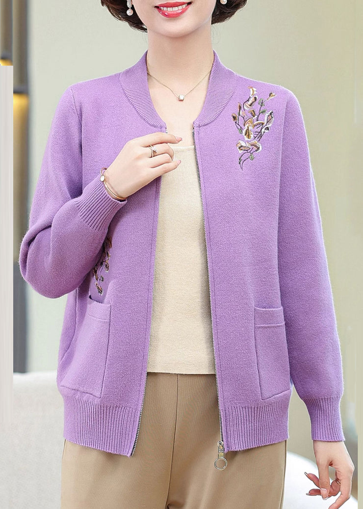 Purple Zippered Patchwork Cotton Knit Cardigans Fall