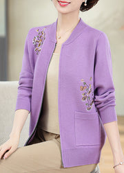 Purple Zippered Patchwork Cotton Knit Cardigans Fall