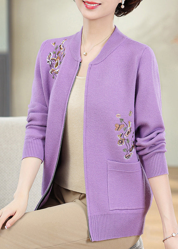 Purple Zippered Patchwork Cotton Knit Cardigans Fall