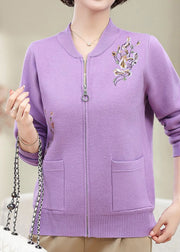 Purple Zippered Patchwork Cotton Knit Cardigans Fall