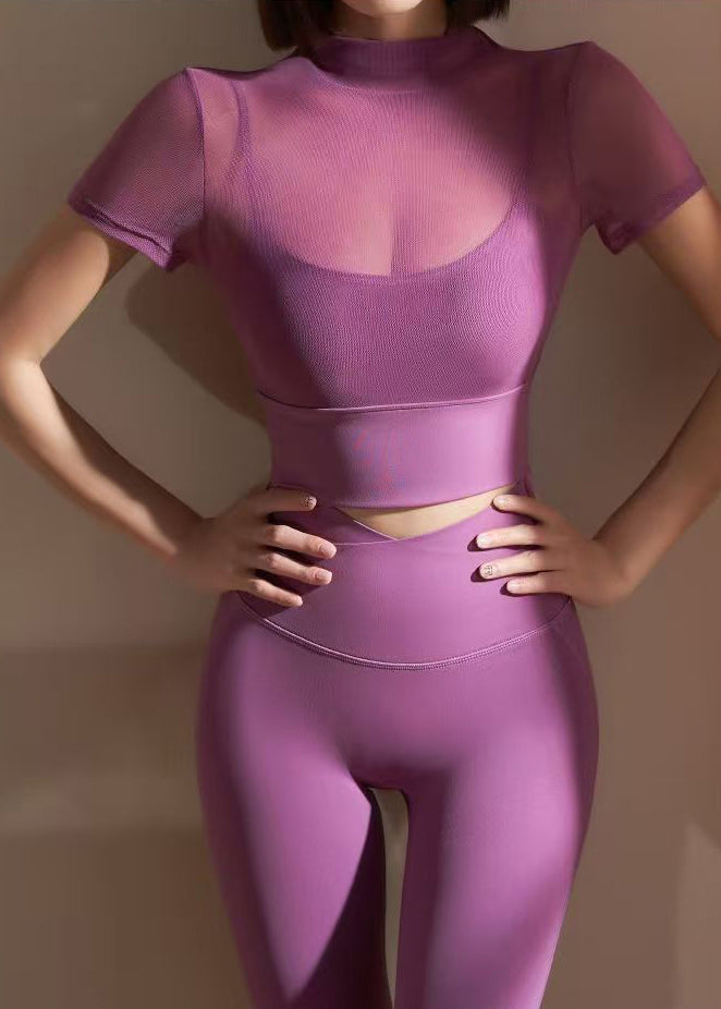 Push Up Purple Mesh Panel Leggings One Piece Workout Suit Leggings