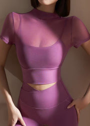 Push Up Purple Mesh Panel Leggings One Piece Workout Suit Leggings