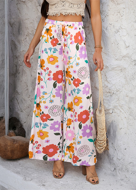 Rainbow Print Tie Waist Vacation Trousers Dresses