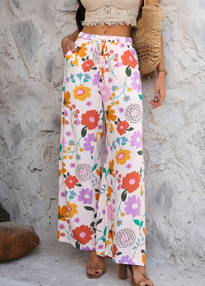 Rainbow Print Tie Waist Vacation Trousers Dresses