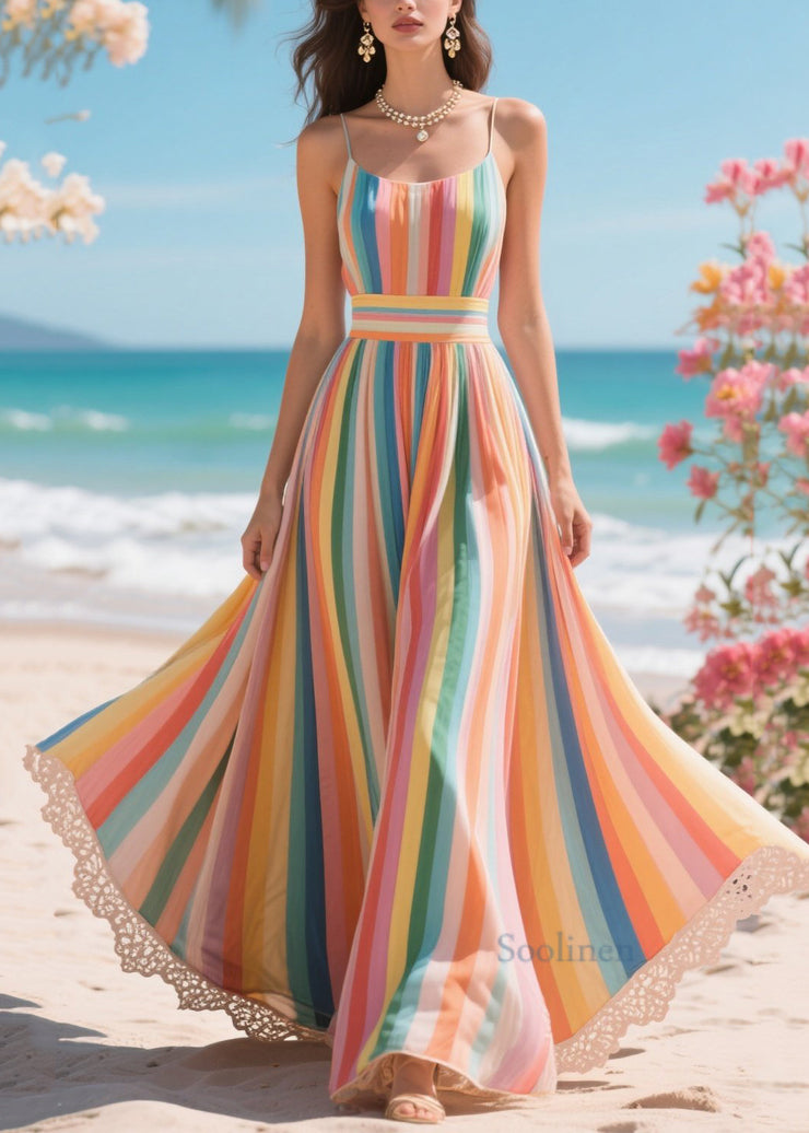 Rainbow Striped Chiffon Beach Sundresses Exra Large Hem Summer