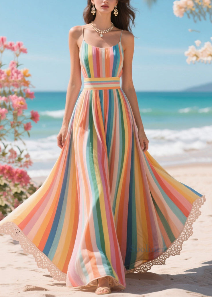 Rainbow Striped Chiffon Beach Sundresses Exra Large Hem Summer