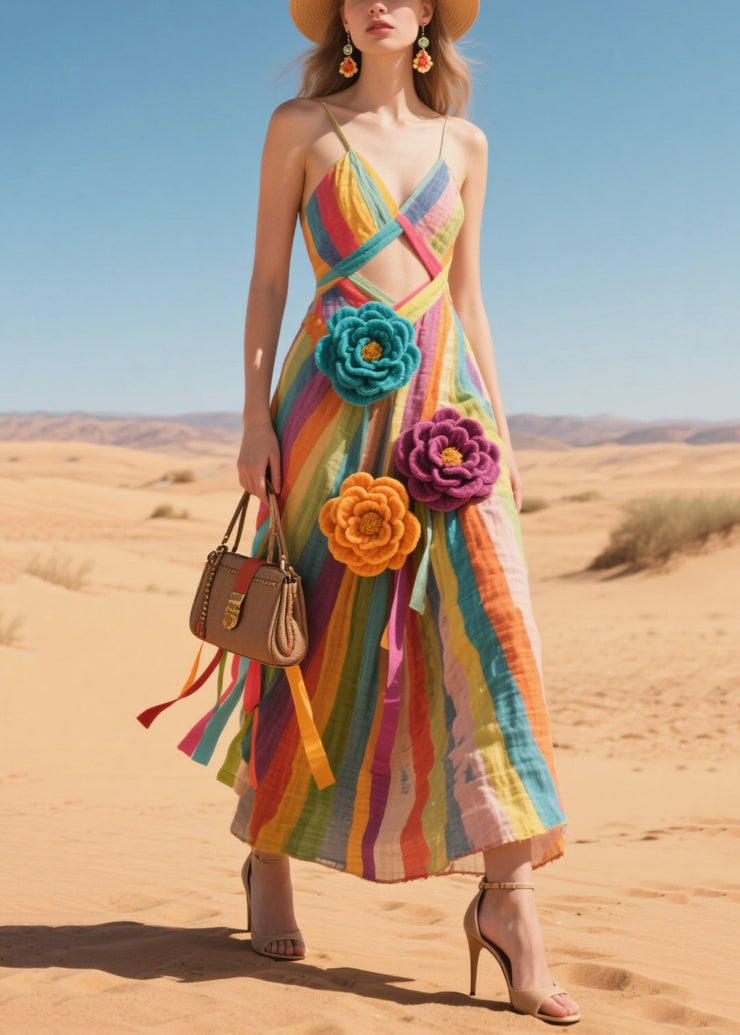 Rainbow Striped Cotton Sundress Knitted Flower Summer