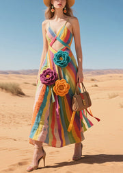 Rainbow Striped Cotton Sundress Knitted Flower Summer