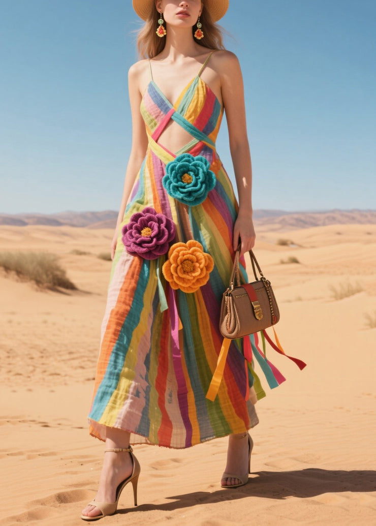 Rainbow Striped Cotton Sundress Knitted Flower Summer