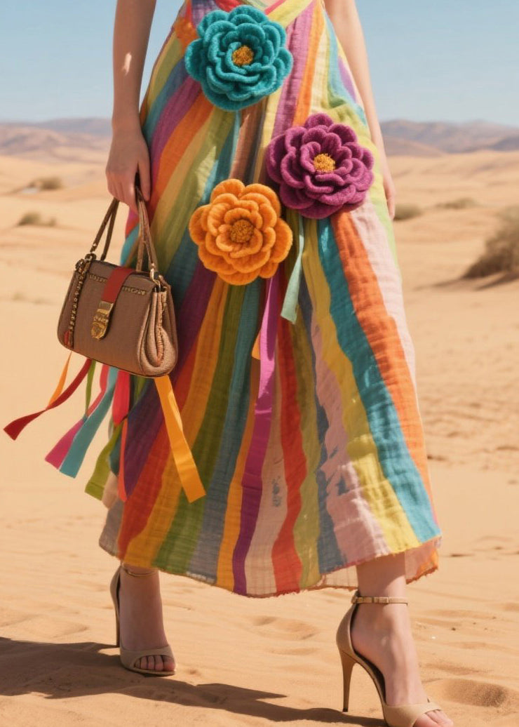 Rainbow Striped Cotton Sundress Knitted Flower Summer