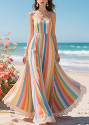 Rainbow Striped Patchwork Lace Chiffon Dresses Exra Large Hem Summer