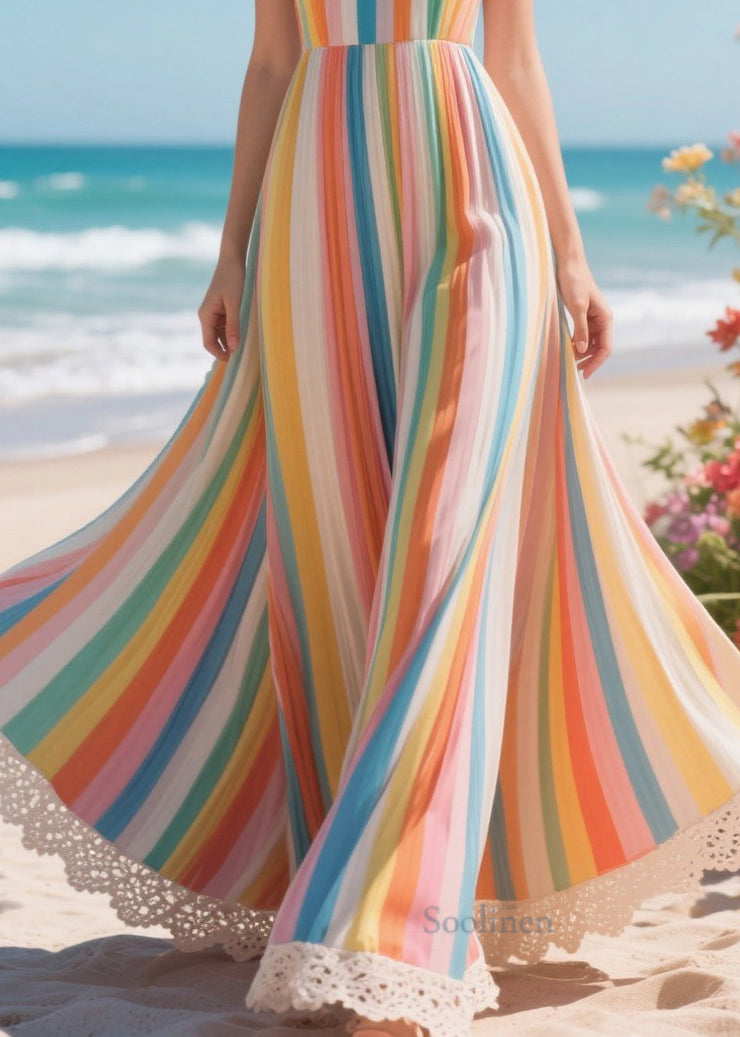 Rainbow Striped Patchwork Lace Chiffon Dresses Exra Large Hem Summer