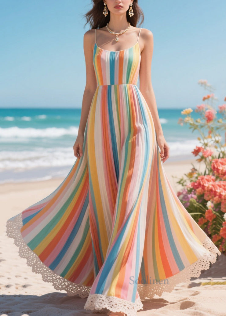Rainbow Striped Patchwork Lace Chiffon Dresses Exra Large Hem Summer