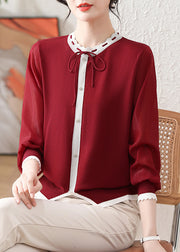 Red Button Patchwork Fall Knit T Shirt O Neck