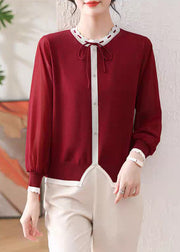 Red Button Patchwork Fall Knit T Shirt O Neck