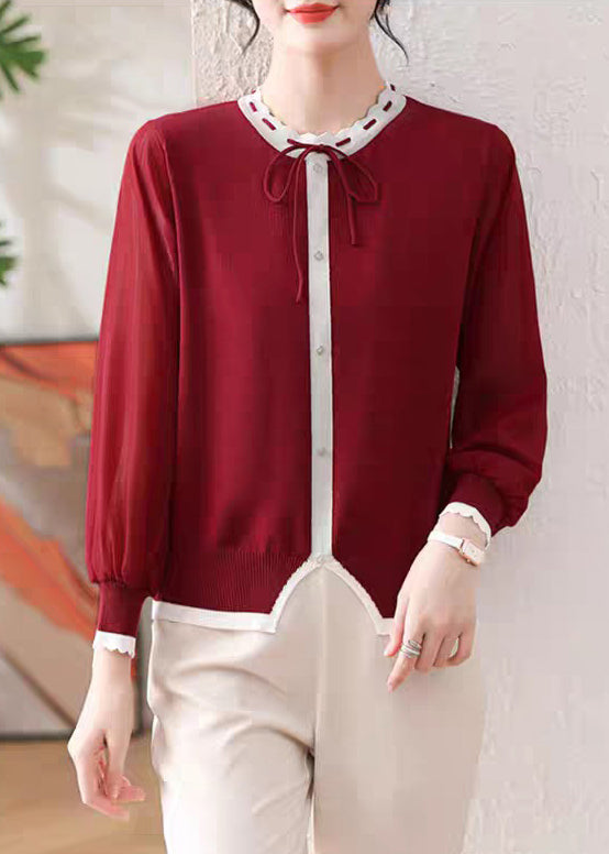 Red Button Patchwork Fall Knit T Shirt O Neck