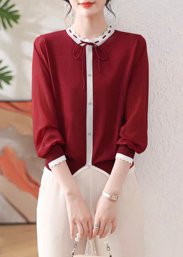 Red Button Patchwork Fall Knit T Shirt O Neck