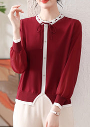 Red Button Patchwork Fall Knit T Shirt O Neck