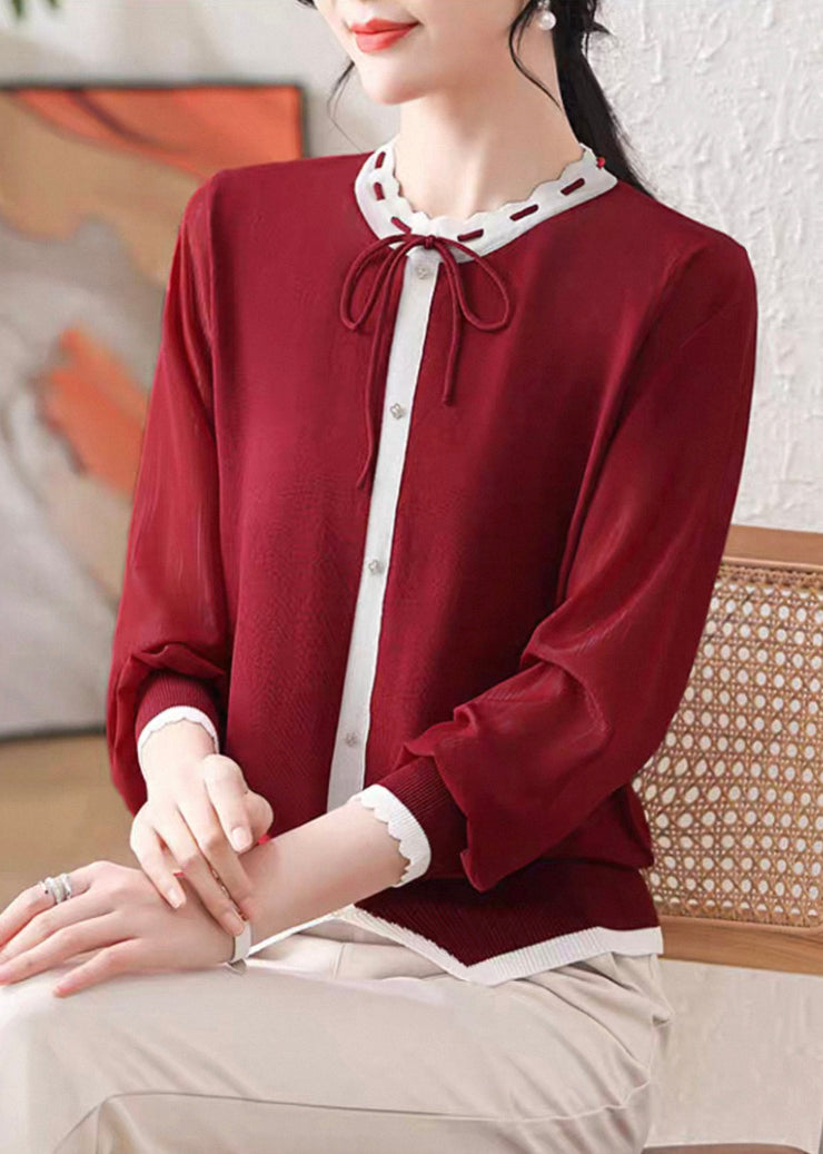 Red Button Patchwork Fall Knit T Shirt O Neck