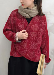 Red Button Patchwork Woolen Coats V Neck Long Sleeve