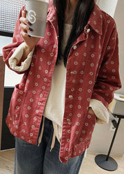 Red Button Pockets Cotton Coats Peter Pan Collar