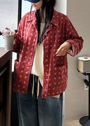 Red Button Pockets Cotton Coats Peter Pan Collar