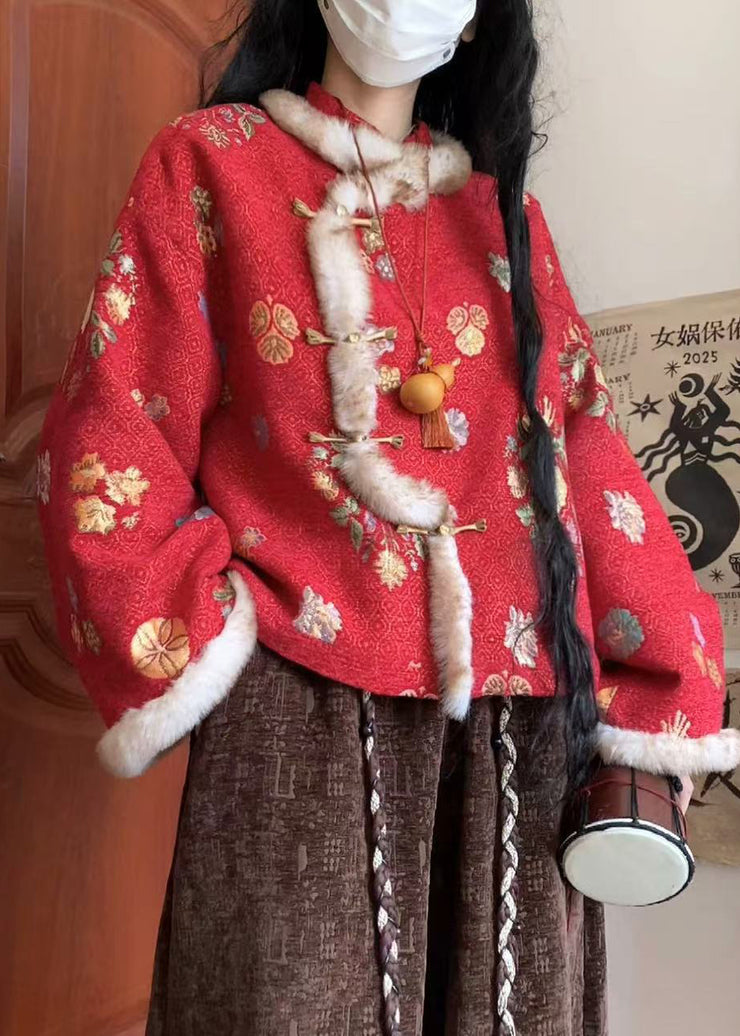 Red Chinese Button Patchwork Warm Fleece Winter Parka Stand Collar