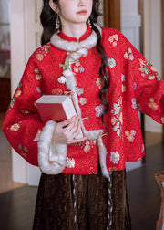 Red Chinese Button Patchwork Warm Fleece Winter Parka Stand Collar