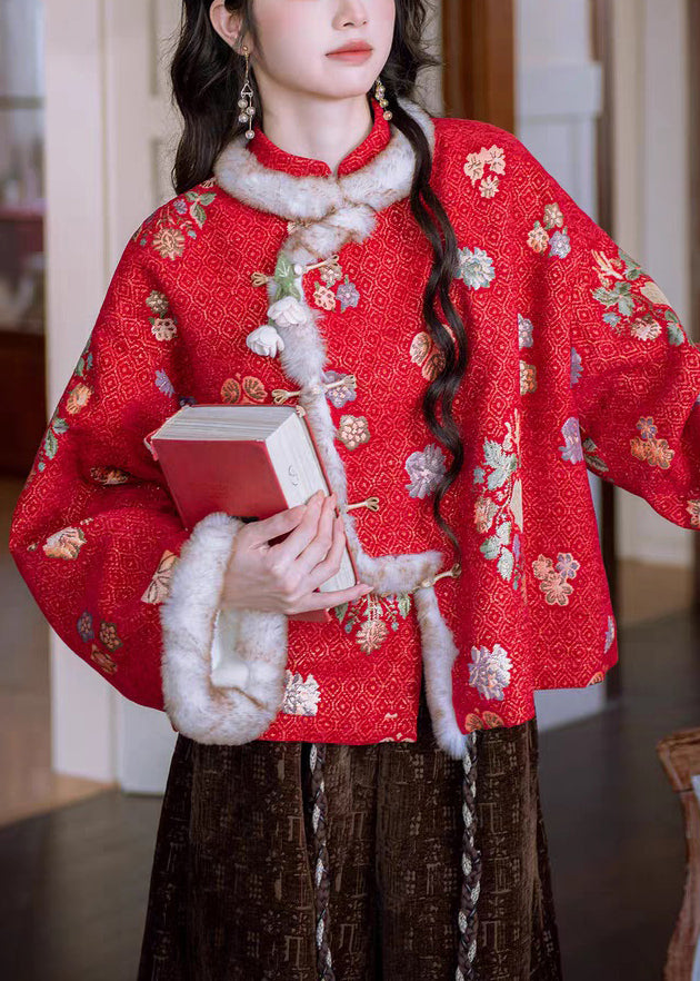 Red Chinese Button Patchwork Warm Fleece Winter Parka Stand Collar