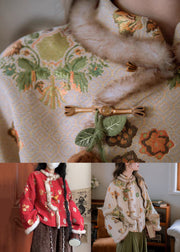 Red Chinese Button Patchwork Warm Fleece Winter Parka Stand Collar