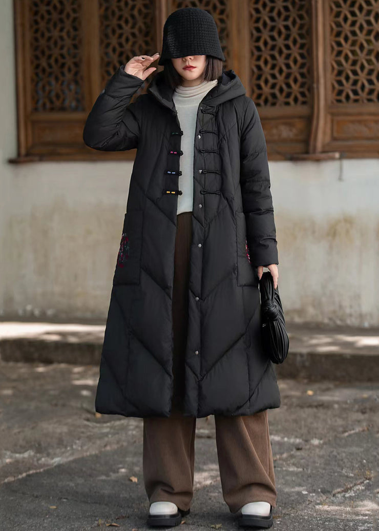 Red Chinese Button Pockets Duck Down Winter Long Coats Hooded