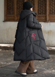 Red Chinese Button Pockets Duck Down Winter Long Coats Hooded