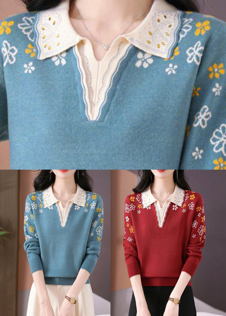 Red Cotton Knit Sweaters Peter Pan Collar Fall
