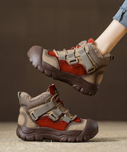 Red Cowhide Leather Boots Fuzzy Wool Lined Splicing Lace Up