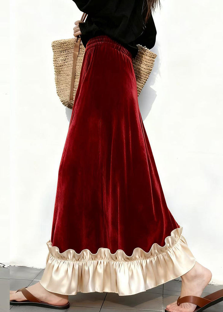 Red Elastic Waist Patchwork Velvet Skirts Ruffled
