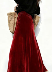 Red Elastic Waist Patchwork Velvet Skirts Ruffled