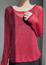 Red False Two Pieces Patchwork Summer Tulle T Shirt O Neck