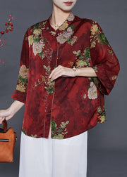 Red Floral Print Silk Shirts Mandarin Collar Summer