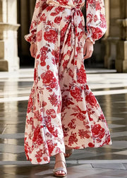 Red Flower Print Draping Ice Silk Shirt Dress Tie Waist Spring